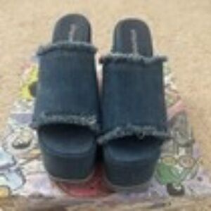 JEFFREY CAMPBELL FAR-OUT DENIM PLATFORM WEDGE SHOES NEW IN BOX 7.5
